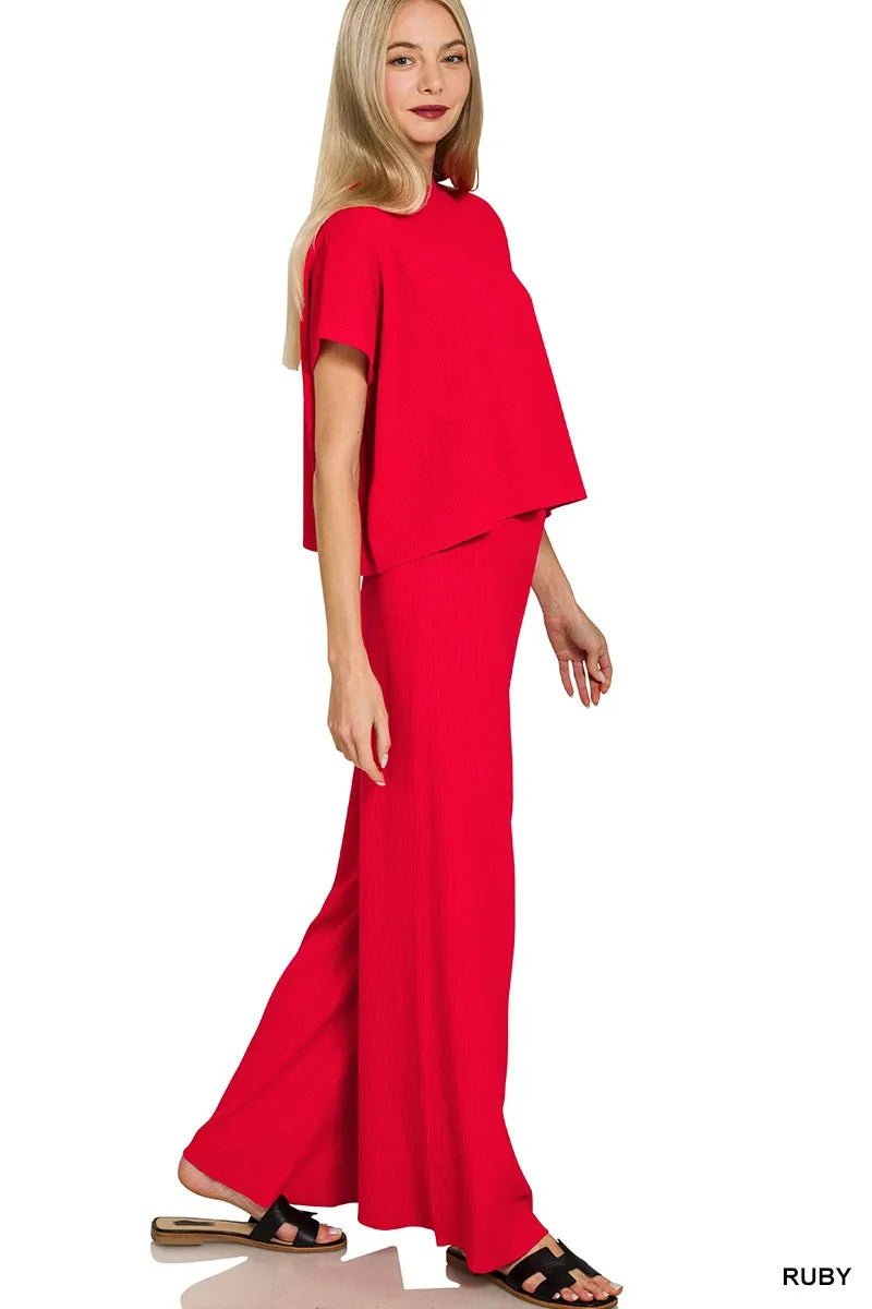 Zenana Viscose Sweater Short Sleeve Top and Pants Set - Bitsy Gypsy Boutique