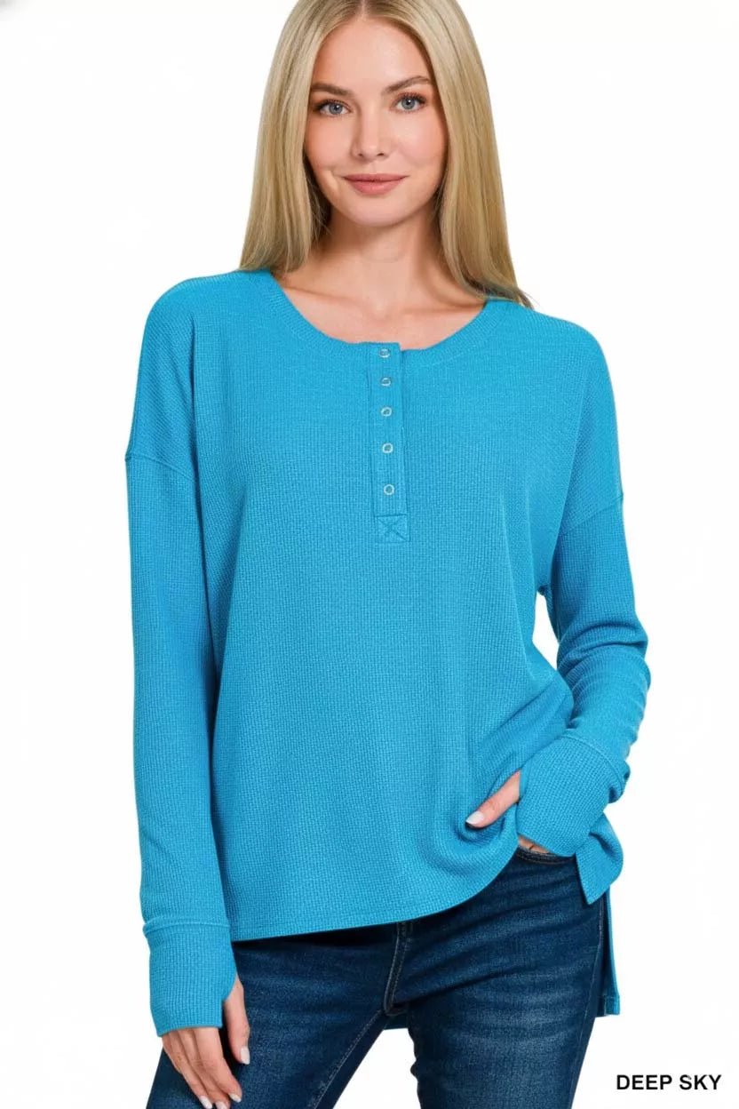 Zenana Waffle Thumb Hole Cuffs Henley Tee - Bitsy Gypsy Boutique