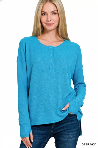 Zenana Waffle Thumb Hole Cuffs Henley Tee - Bitsy Gypsy Boutique