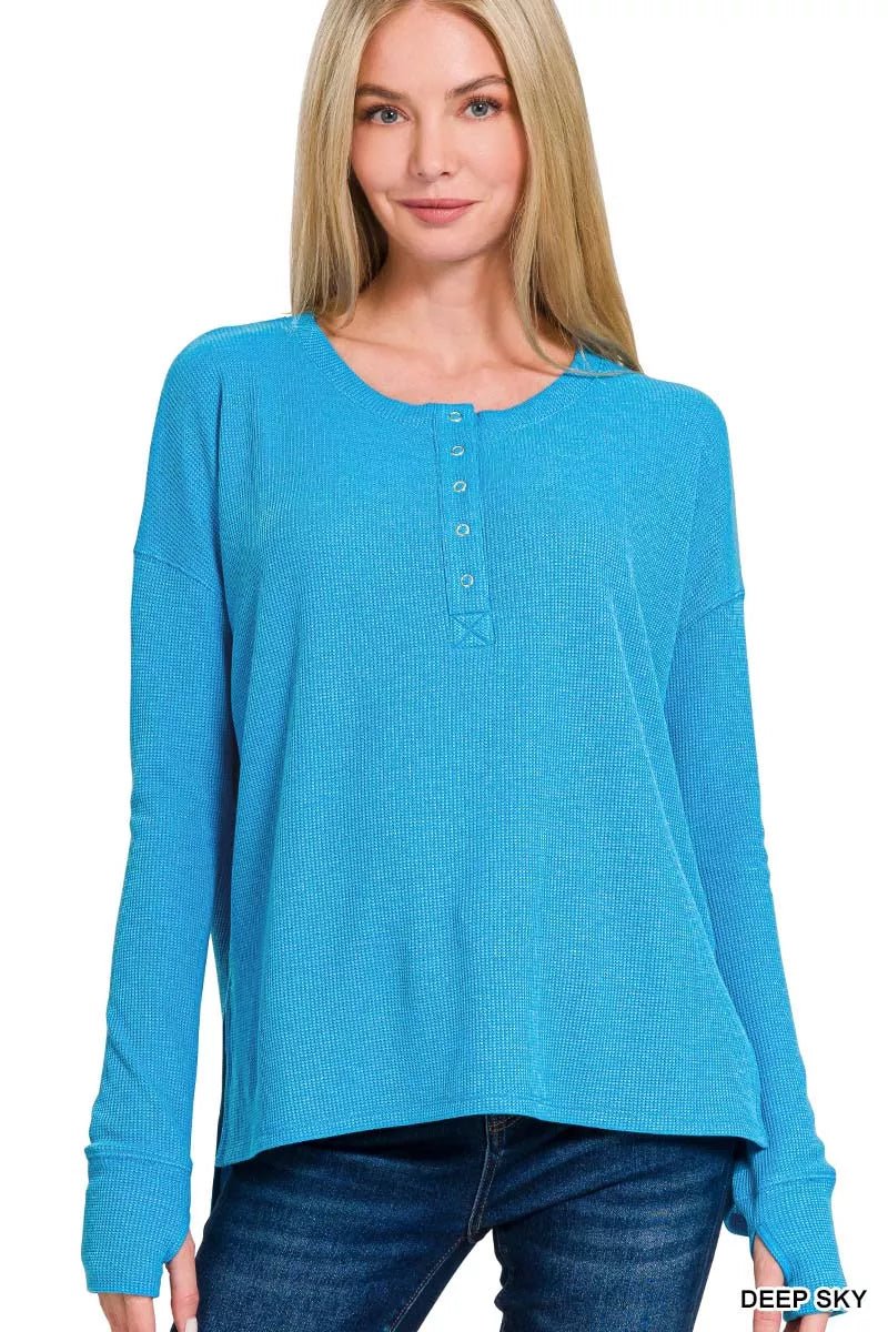 Zenana Waffle Thumb Hole Cuffs Henley Tee - Bitsy Gypsy Boutique