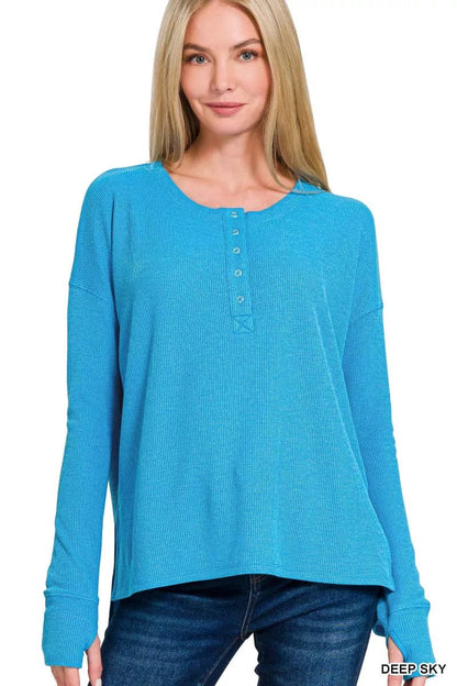 Zenana Waffle Thumb Hole Cuffs Henley Tee - Bitsy Gypsy Boutique