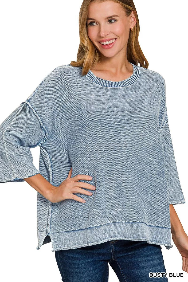 Zenana Washed 3/4 Sleeve Boxy Sweater - Bitsy Gypsy Boutique