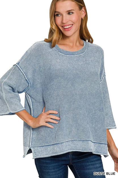Zenana Washed 3/4 Sleeve Boxy Sweater - Bitsy Gypsy Boutique
