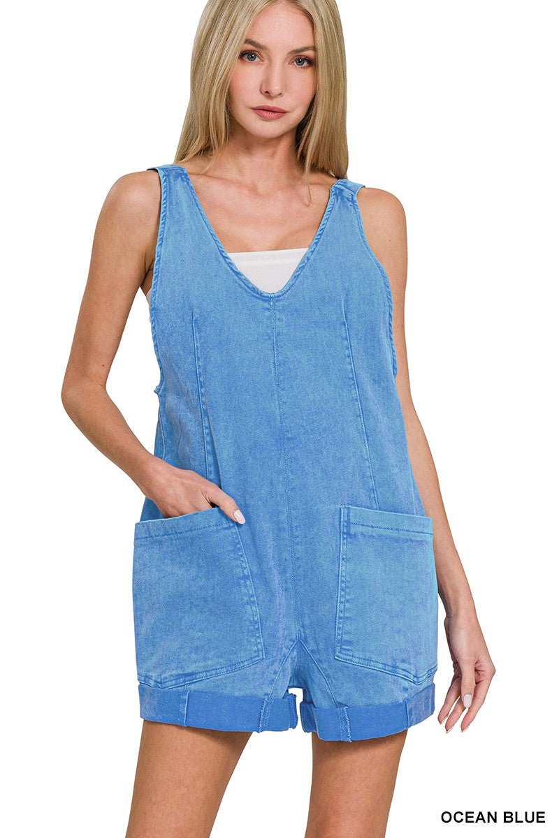 Zenana Washed Adjustable Strap Romper Denim With Pocket - Bitsy Gypsy Boutique