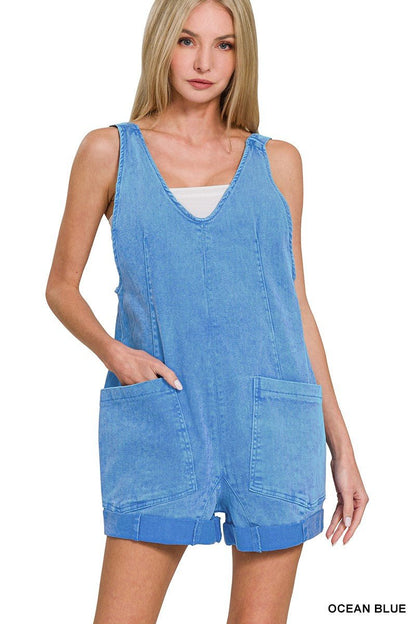 Zenana Washed Adjustable Strap Romper Denim With Pocket - Bitsy Gypsy Boutique