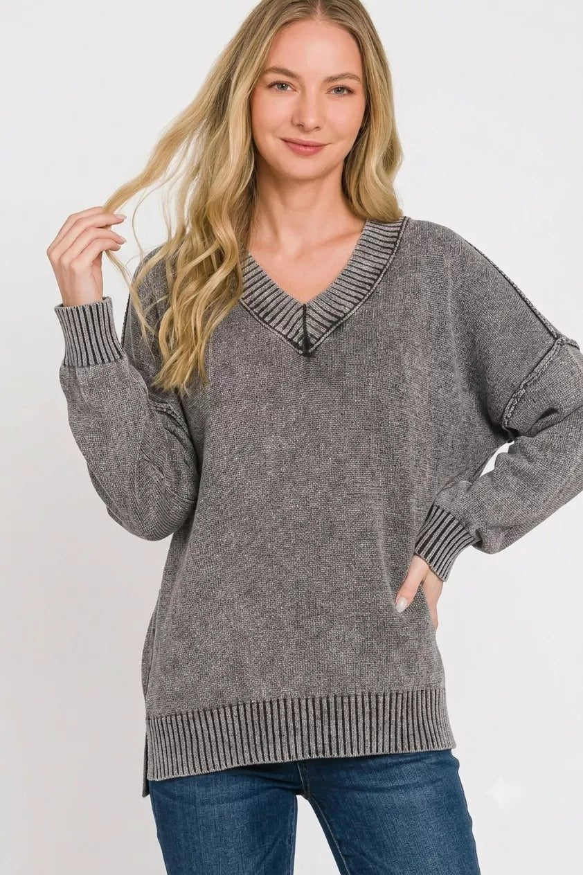 Zenana Washed Deep V-neck Oversized Sweater - Bitsy Gypsy Boutique