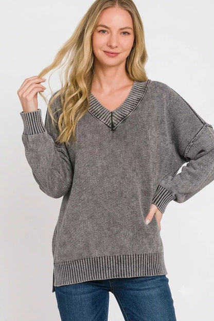 Zenana Washed Deep V-neck Oversized Sweater - Bitsy Gypsy Boutique