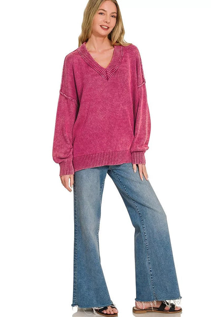 Zenana Washed Deep V-neck Oversized Sweater - Bitsy Gypsy Boutique