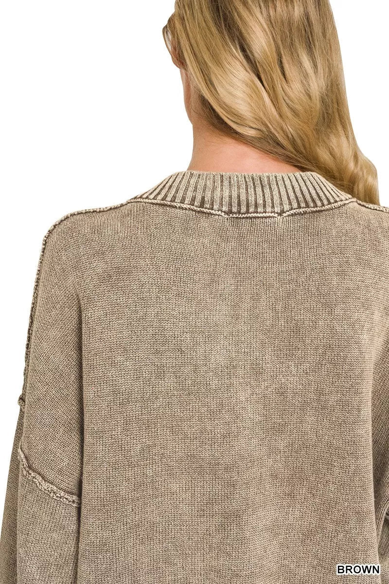 Zenana Washed Deep V-neck Oversized Sweater - Bitsy Gypsy Boutique