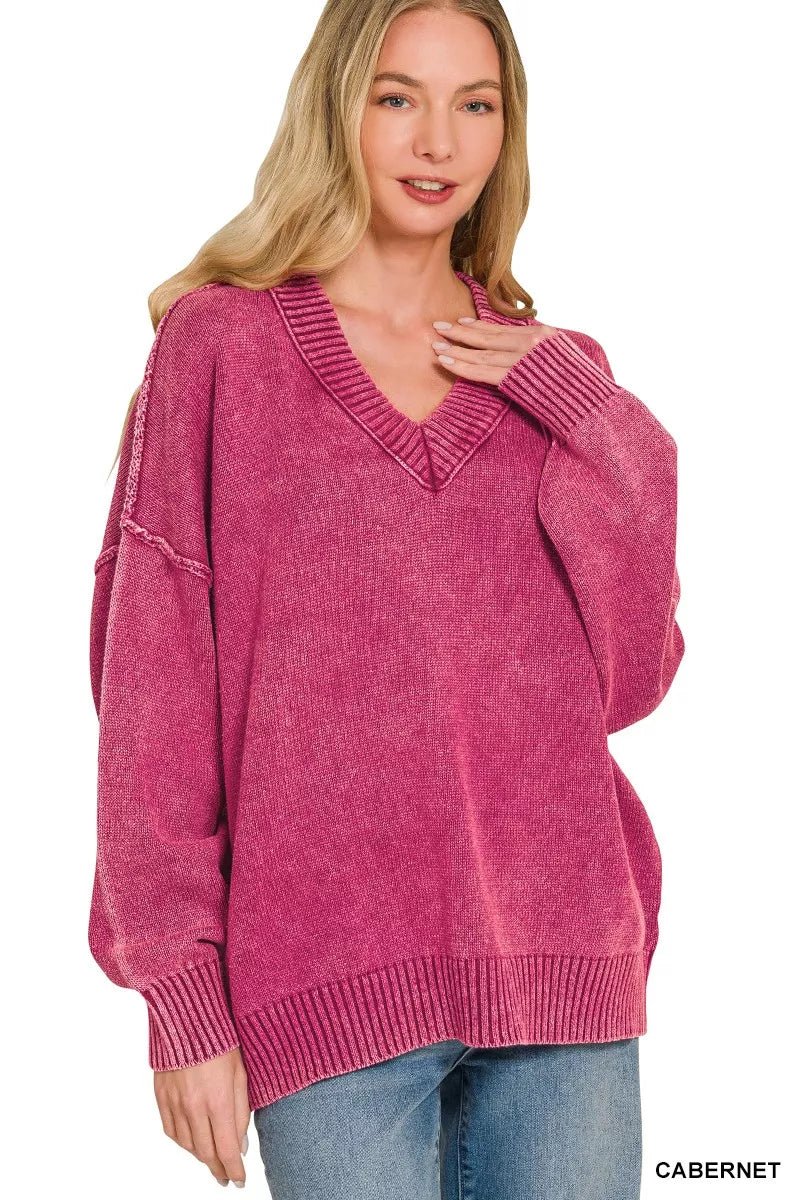 Zenana Washed Deep V-neck Oversized Sweater - Bitsy Gypsy Boutique
