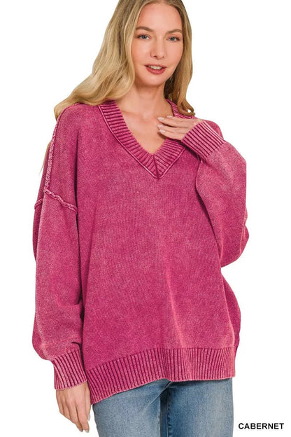 Zenana Washed Deep V-neck Oversized Sweater - Bitsy Gypsy Boutique