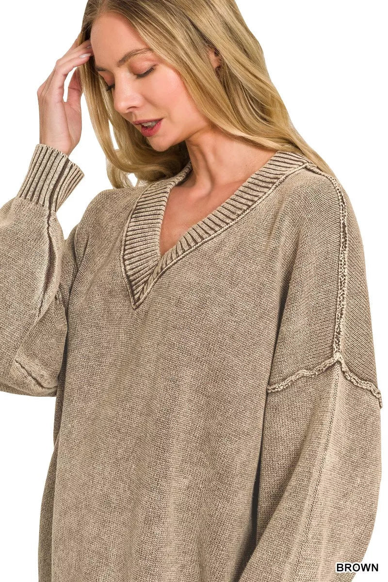 Zenana Washed Deep V-neck Oversized Sweater - Bitsy Gypsy Boutique