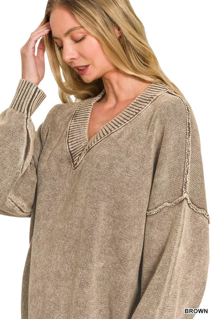 Zenana Washed Deep V-neck Oversized Sweater - Bitsy Gypsy Boutique