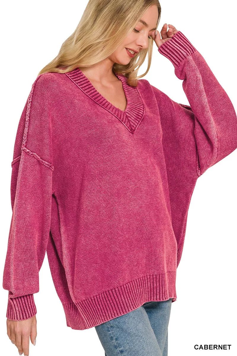 Zenana Washed Deep V-neck Oversized Sweater - Bitsy Gypsy Boutique