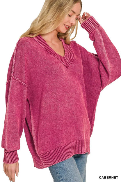 Zenana Washed Deep V-neck Oversized Sweater - Bitsy Gypsy Boutique