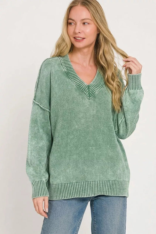 Zenana Washed Deep V-neck Oversized Sweater - Bitsy Gypsy Boutique