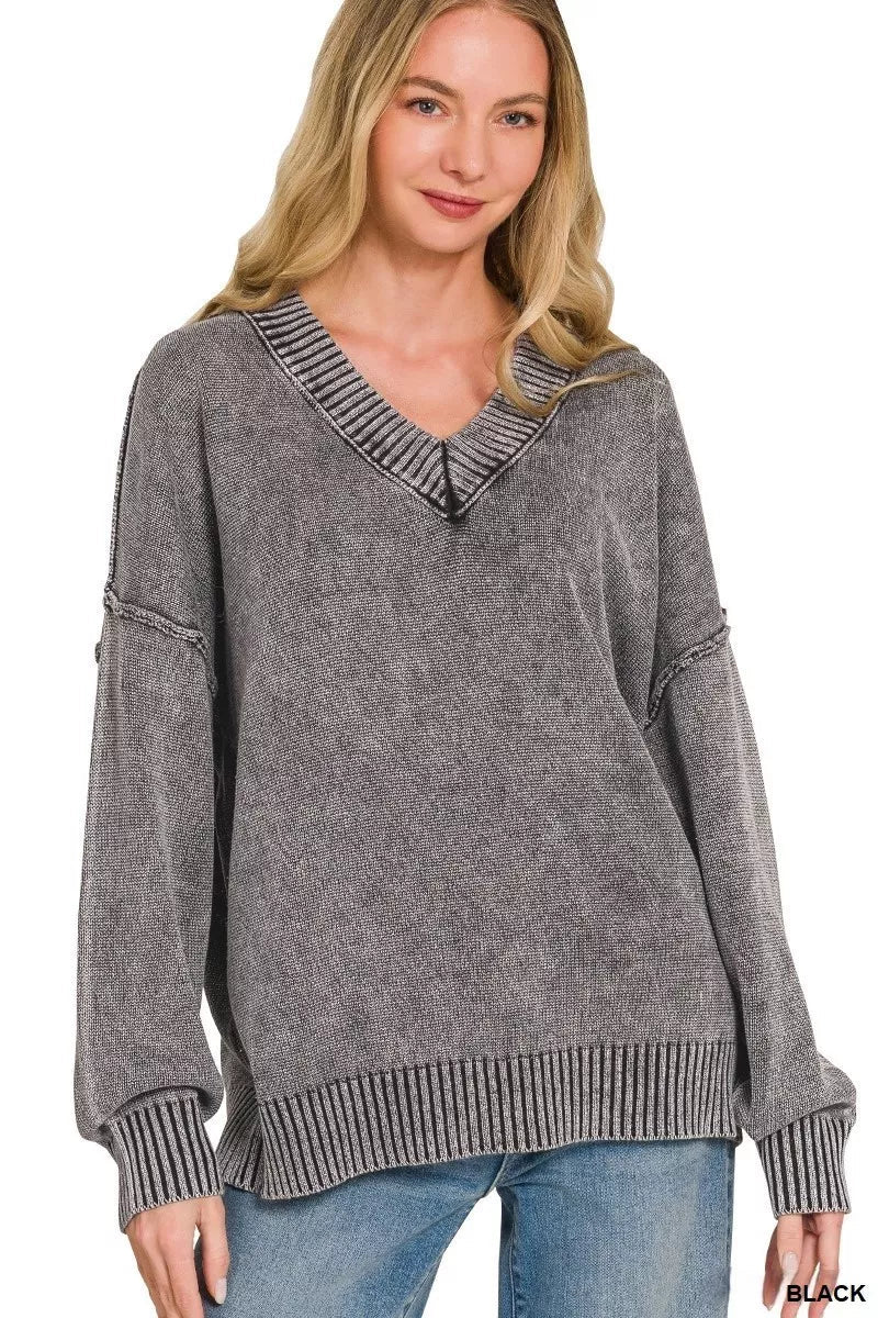 Zenana Washed Deep V-neck Oversized Sweater - Bitsy Gypsy Boutique