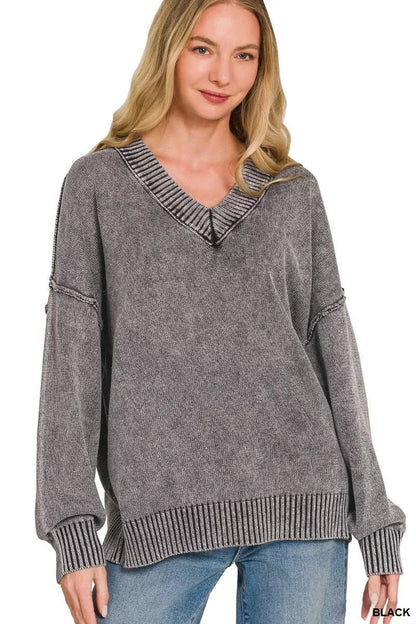 Zenana Washed Deep V-neck Oversized Sweater - Bitsy Gypsy Boutique