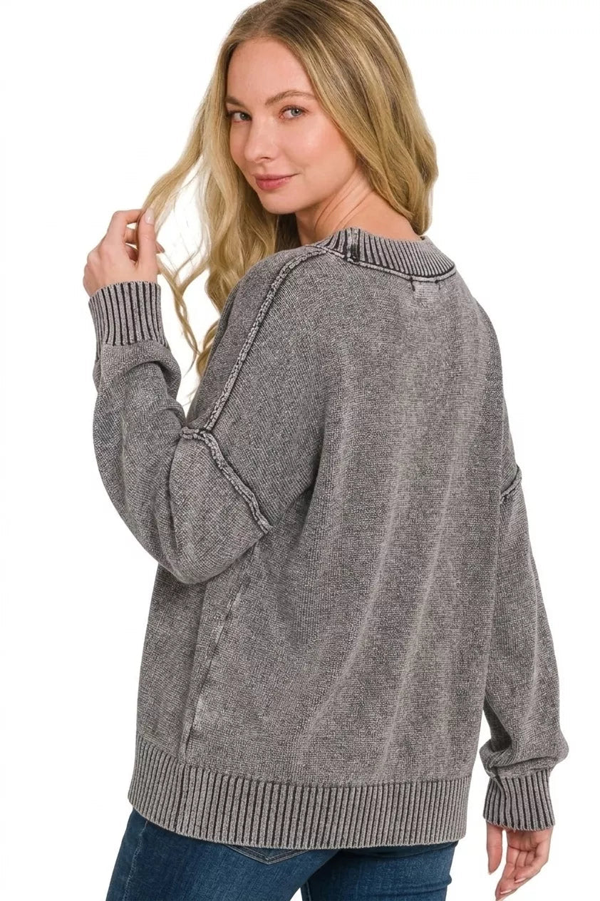 Zenana Washed Deep V-neck Oversized Sweater - Bitsy Gypsy Boutique