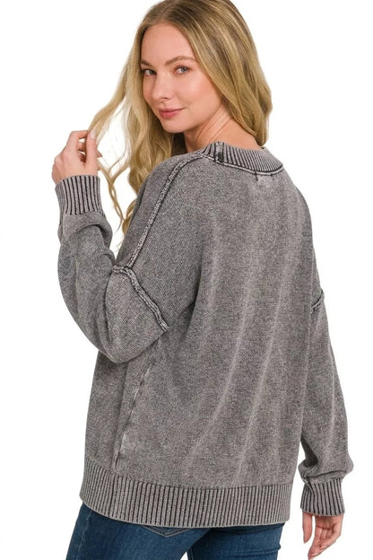 Zenana Washed Deep V-neck Oversized Sweater - Bitsy Gypsy Boutique