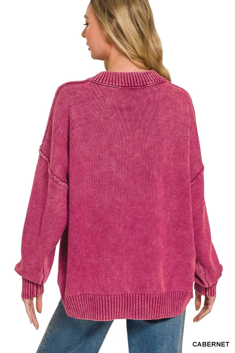 Zenana Washed Deep V-neck Oversized Sweater - Bitsy Gypsy Boutique