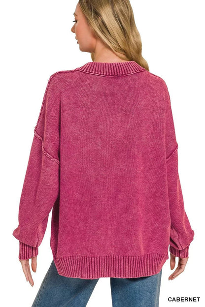 Zenana Washed Deep V-neck Oversized Sweater - Bitsy Gypsy Boutique