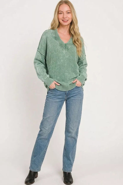 Zenana Washed Deep V-neck Oversized Sweater - Bitsy Gypsy Boutique