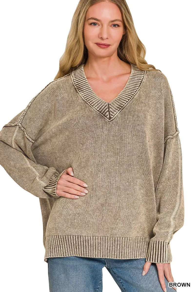 Zenana Washed Deep V-neck Oversized Sweater - Bitsy Gypsy Boutique