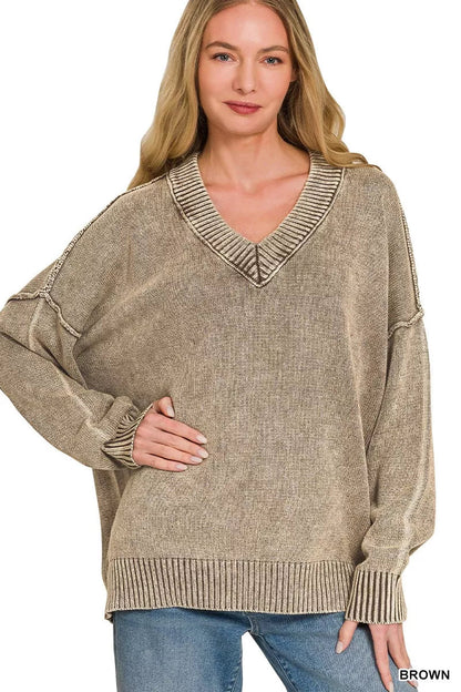 Zenana Washed Deep V-neck Oversized Sweater - Bitsy Gypsy Boutique