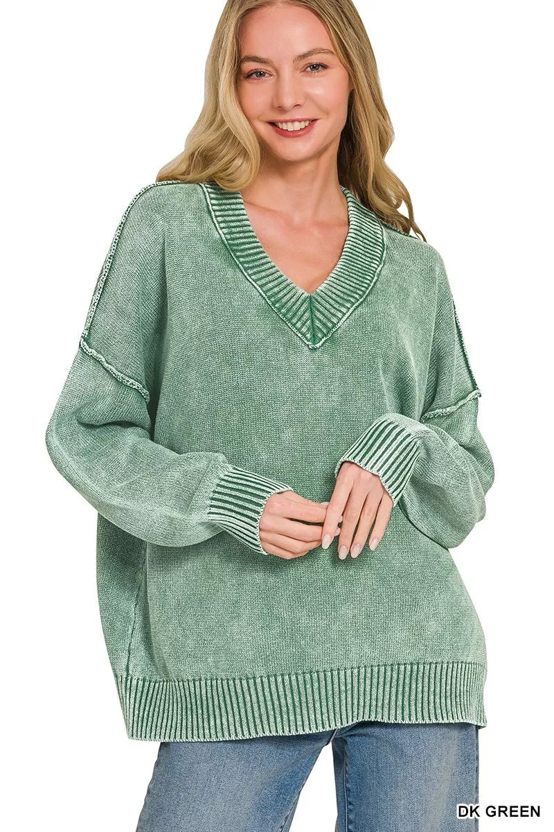 Zenana Washed Deep V-neck Oversized Sweater - Bitsy Gypsy Boutique