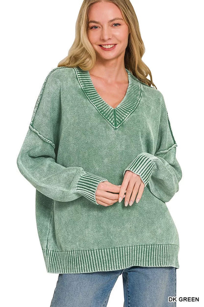 Zenana Washed Deep V-neck Oversized Sweater - Bitsy Gypsy Boutique