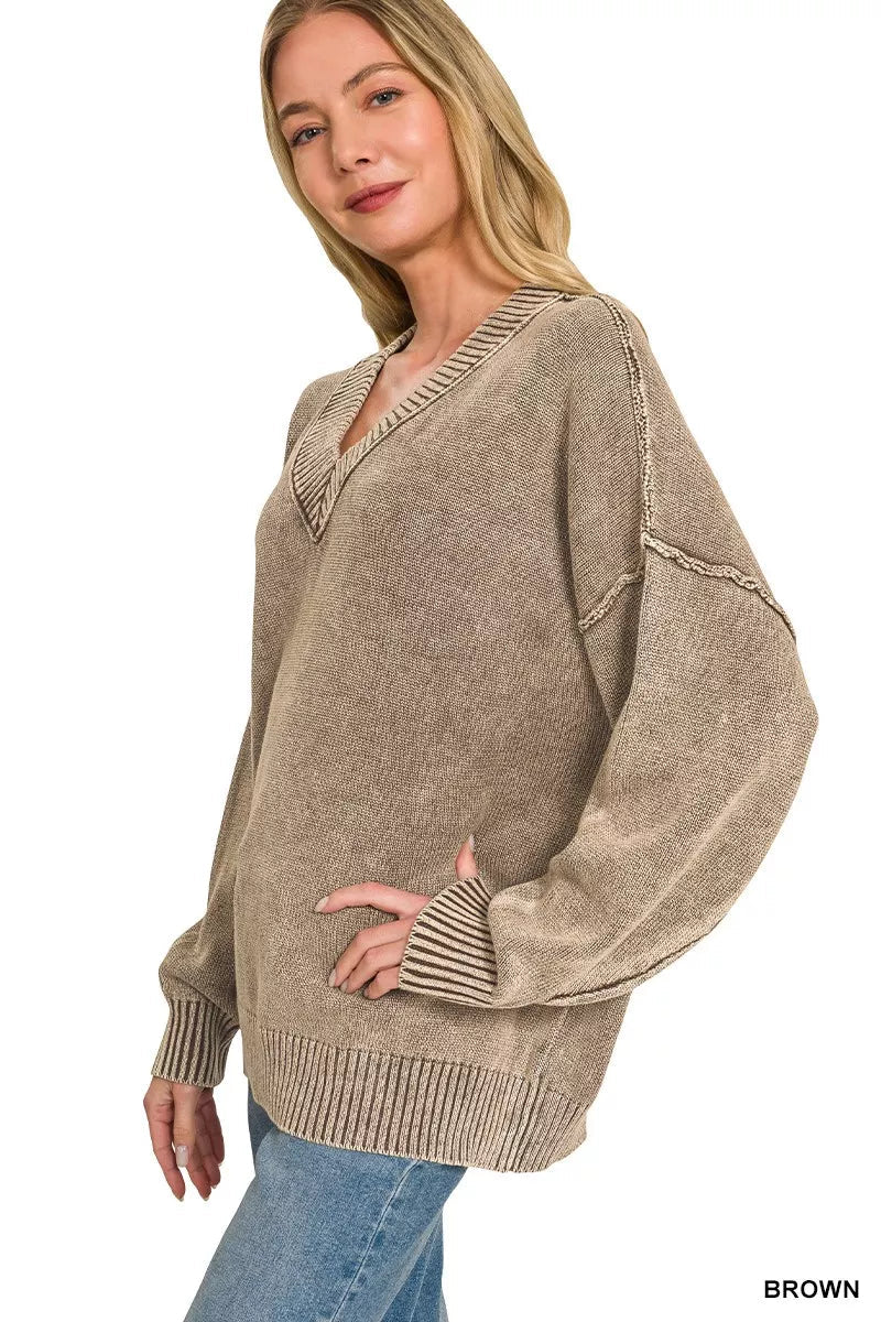 Zenana Washed Deep V-neck Oversized Sweater - Bitsy Gypsy Boutique