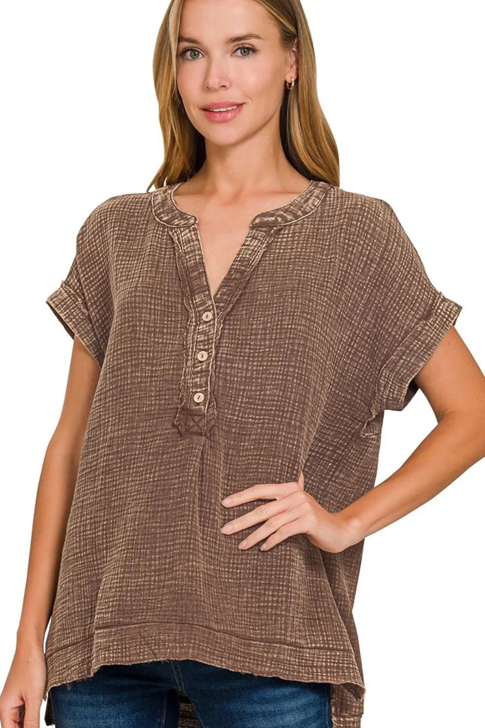 Zenana Washed Double Gauze 3/4 Button Henley Neck Shirt - Bitsy Gypsy Boutique