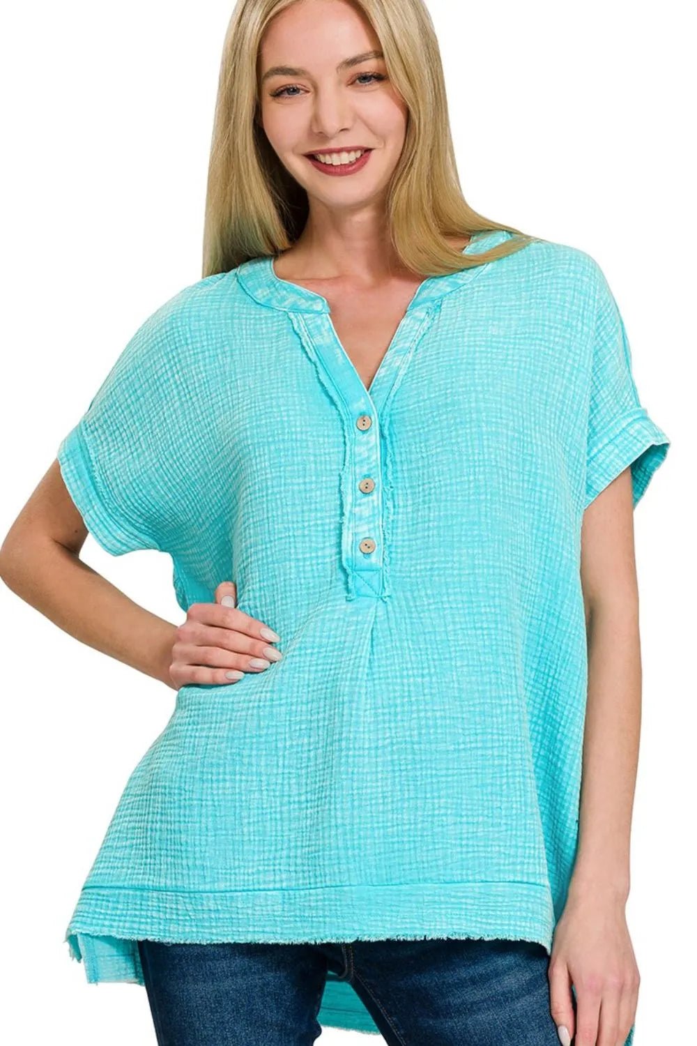 Zenana Washed Double Gauze 3/4 Button Henley Neck Shirt - Bitsy Gypsy Boutique