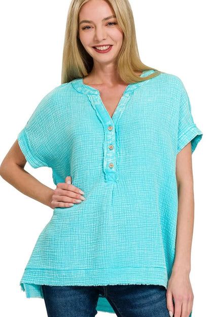 Zenana Washed Double Gauze 3/4 Button Henley Neck Shirt - Bitsy Gypsy Boutique