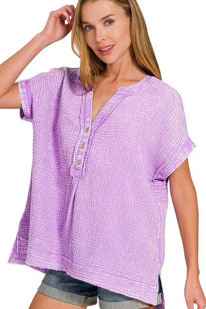 Zenana Washed Double Gauze 3/4 Button Henley Neck Shirt - Bitsy Gypsy Boutique