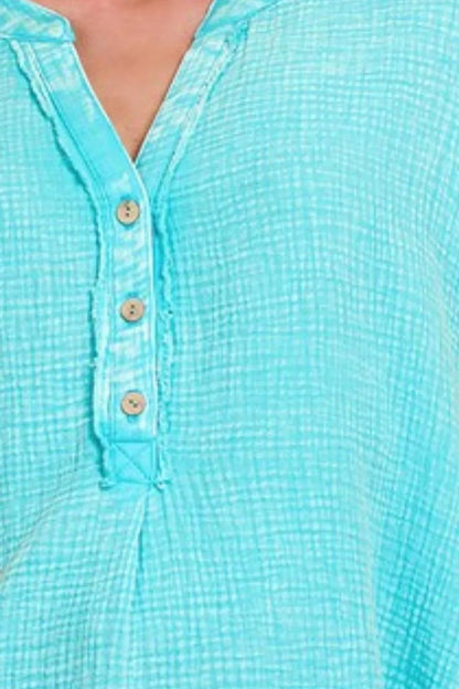 Zenana Washed Double Gauze 3/4 Button Henley Neck Shirt - Bitsy Gypsy Boutique