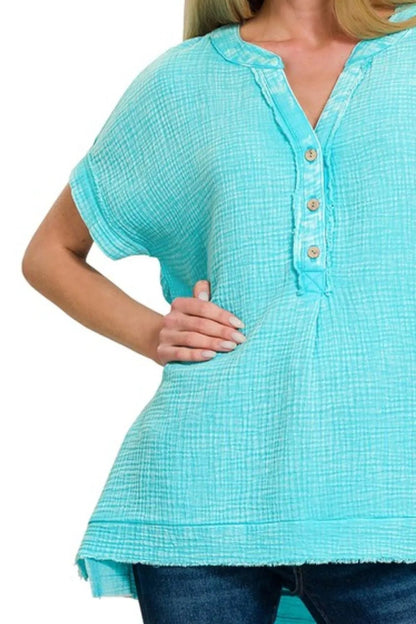 Zenana Washed Double Gauze 3/4 Button Henley Neck Shirt - Bitsy Gypsy Boutique