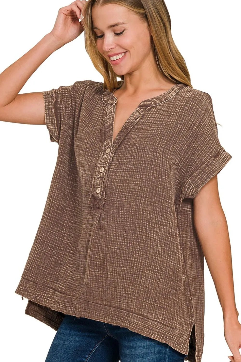Zenana Washed Double Gauze 3/4 Button Henley Neck Shirt - Bitsy Gypsy Boutique