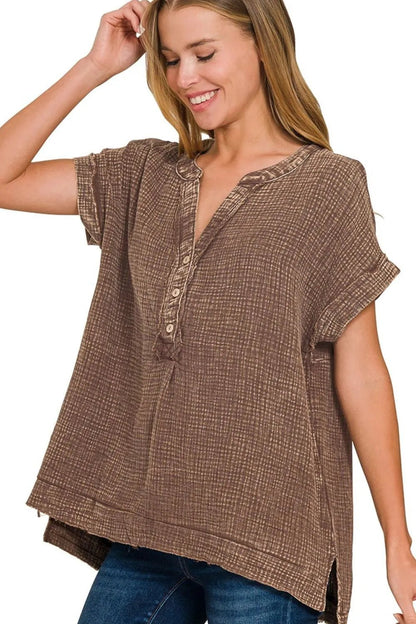 Zenana Washed Double Gauze 3/4 Button Henley Neck Shirt - Bitsy Gypsy Boutique