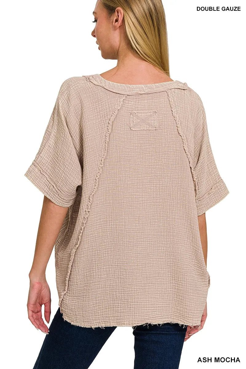 Zenana Washed Double Gauze Exposed Seam Short Sleeve Top - Bitsy Gypsy Boutique