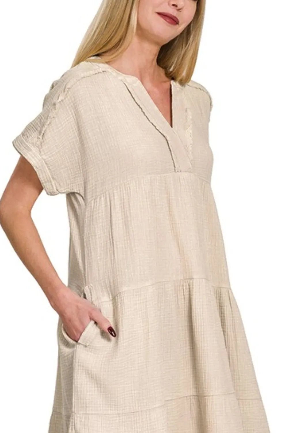 Zenana Washed Double Gauze Raw Edge V - neck Dress - Bitsy Gypsy Boutique
