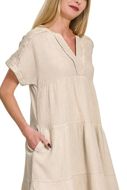 Zenana Washed Double Gauze Raw Edge V - neck Dress - Bitsy Gypsy Boutique