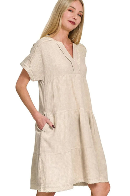Zenana Washed Double Gauze Raw Edge V - neck Dress - Bitsy Gypsy Boutique