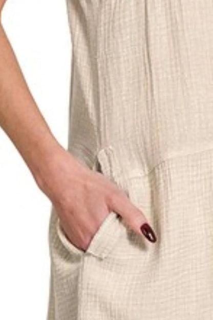 Zenana Washed Double Gauze Raw Edge V - neck Dress - Bitsy Gypsy Boutique