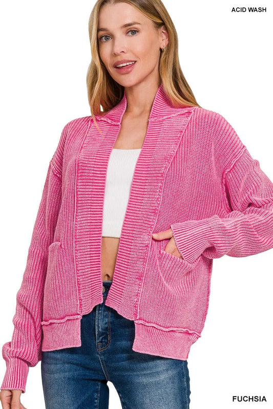 Zenana Washed Dropped Shoulder Cardigan with Side Pockets - Bitsy Gypsy Boutique