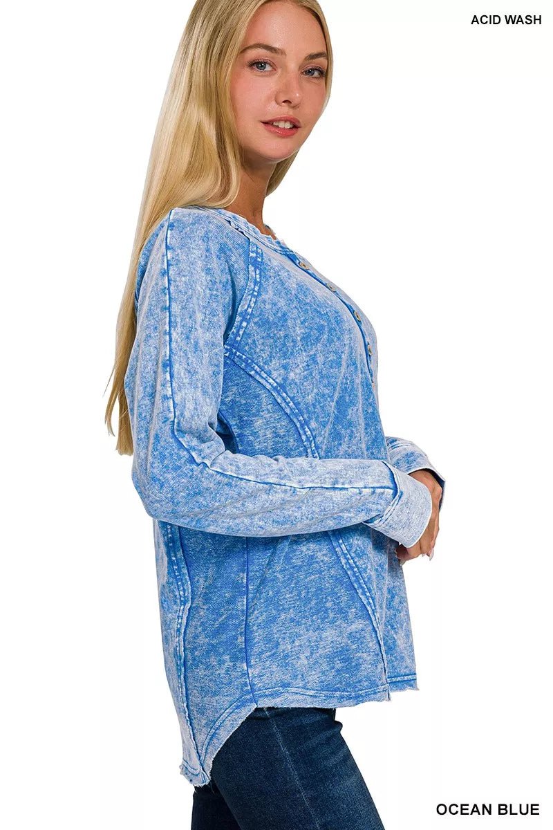 Zenana Washed French Terry Half Button Top - Bitsy Gypsy Boutique