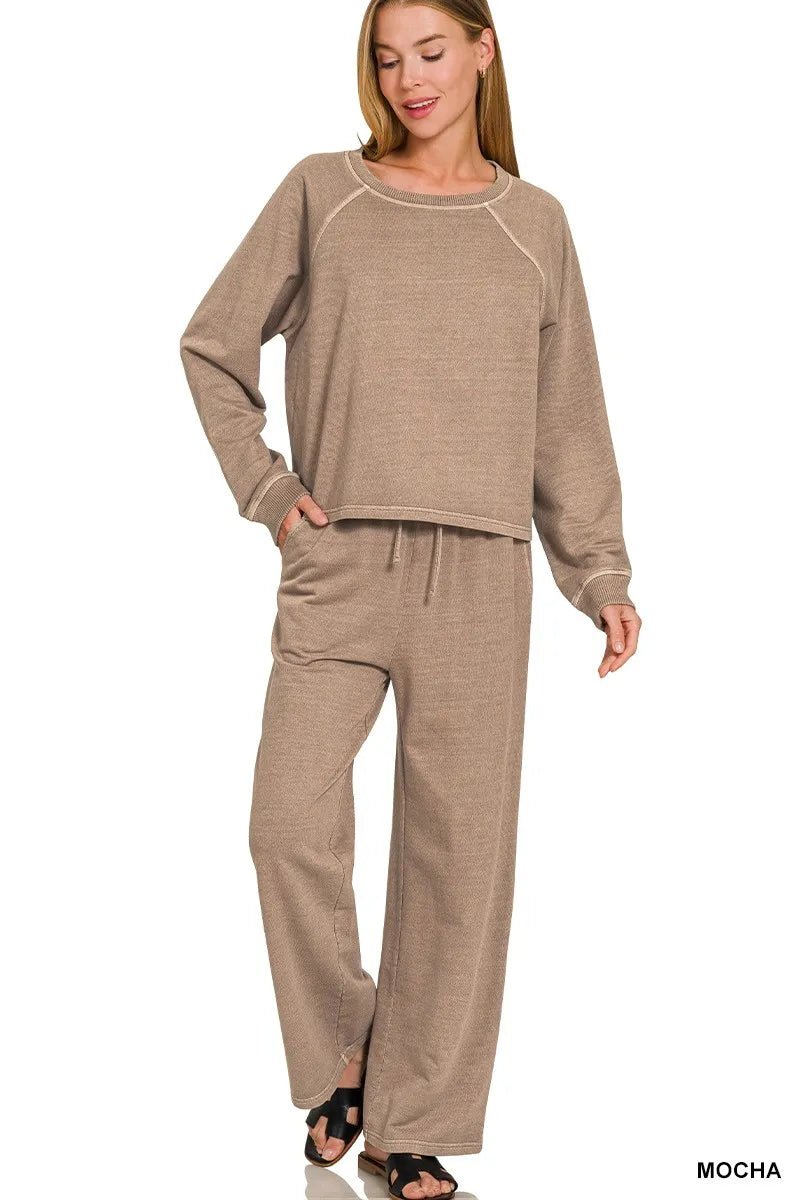 Zenana Washed F/terry Round Neck Pullover & Pants Set - Bitsy Gypsy Boutique