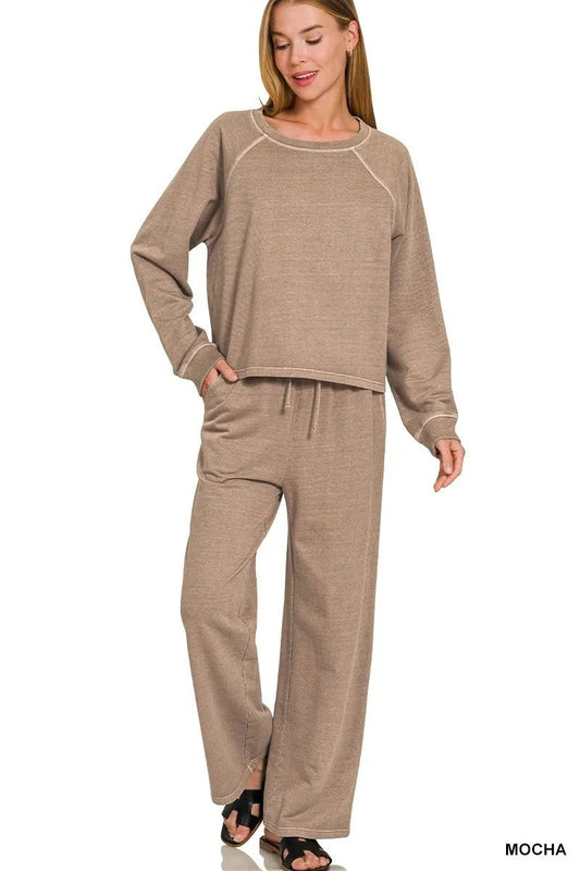 Zenana Washed F/terry Round Neck Pullover & Pants Set - Bitsy Gypsy Boutique