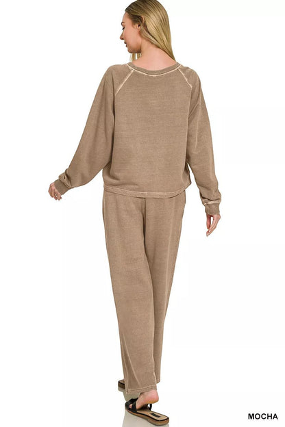 Zenana Washed F/terry Round Neck Pullover & Pants Set - Bitsy Gypsy Boutique